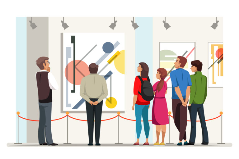 Illustration of people looking at painitngs in a gallery.
