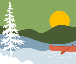 A graphic of a mountain landscape with a large tree on the left. There is a river at the bottom of the image with a canoes.