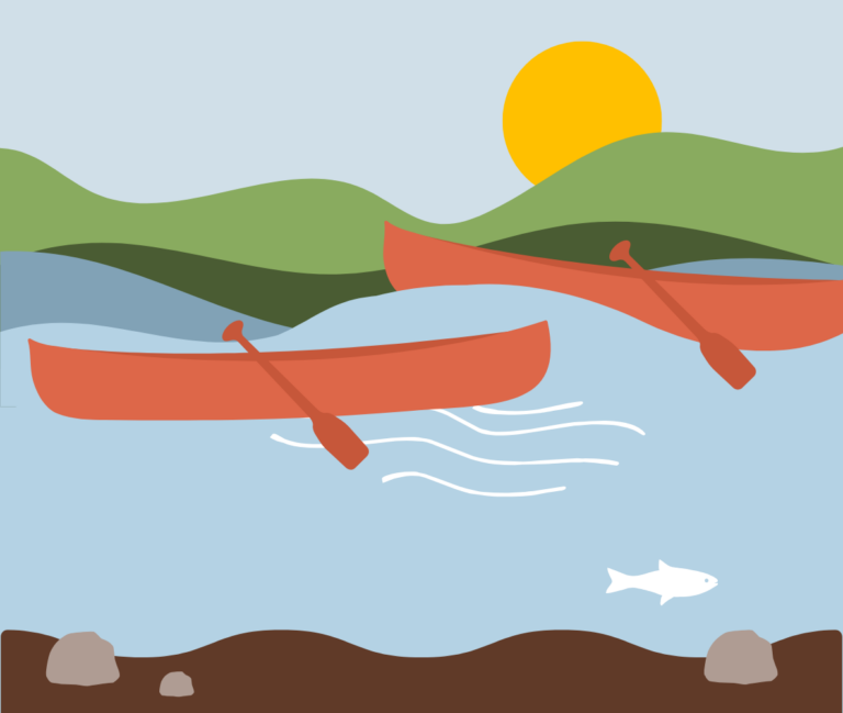 This graphic depicts two canoes on a river.