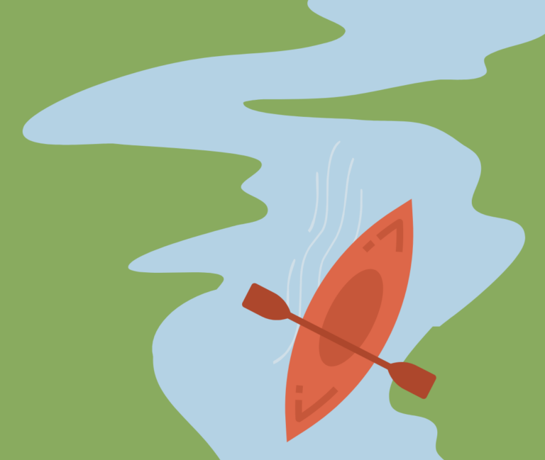 This graphic depicts a kayak moving down a winding river from a bird's eye view.