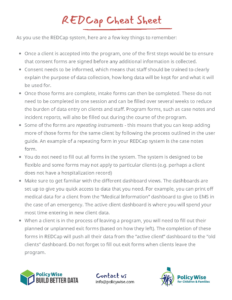 The cover of the Community LAMDA's REDCap Cheat Sheet found on PolicyWise's Data Management for Non-Profits web page.