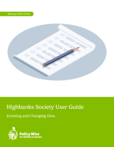 Cover of the Highbanks Society - Entering and Changing Data REDCap user guide