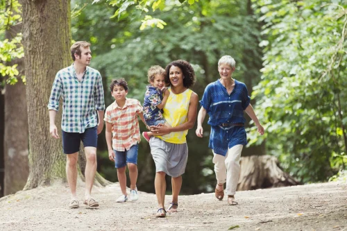 A multi-generational and multi-racial family walking in the wood. This image was used for the cover of PolicyWise's 2024-25 Annual Financial Report and their news story "The quiet work of change."